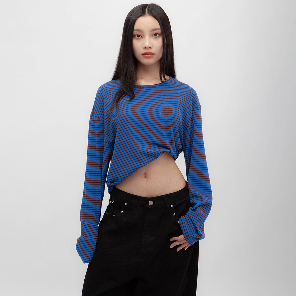 條紋落肩長袖上衣(in stock)