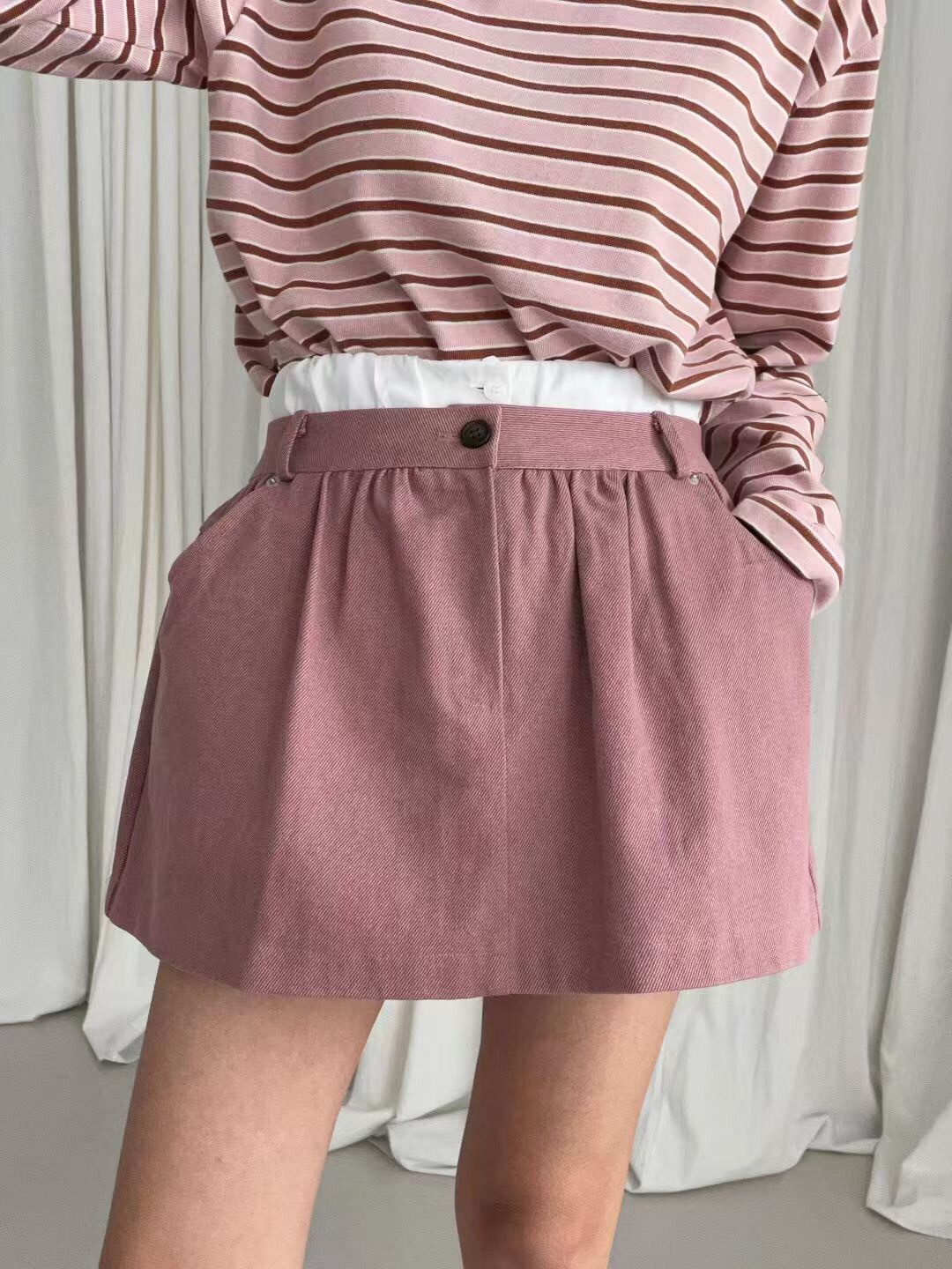 拚色鬆緊口袋短褲裙