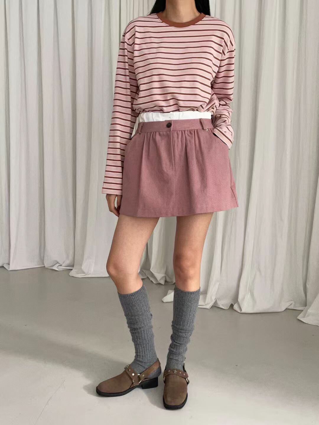 拚色鬆緊口袋短褲裙