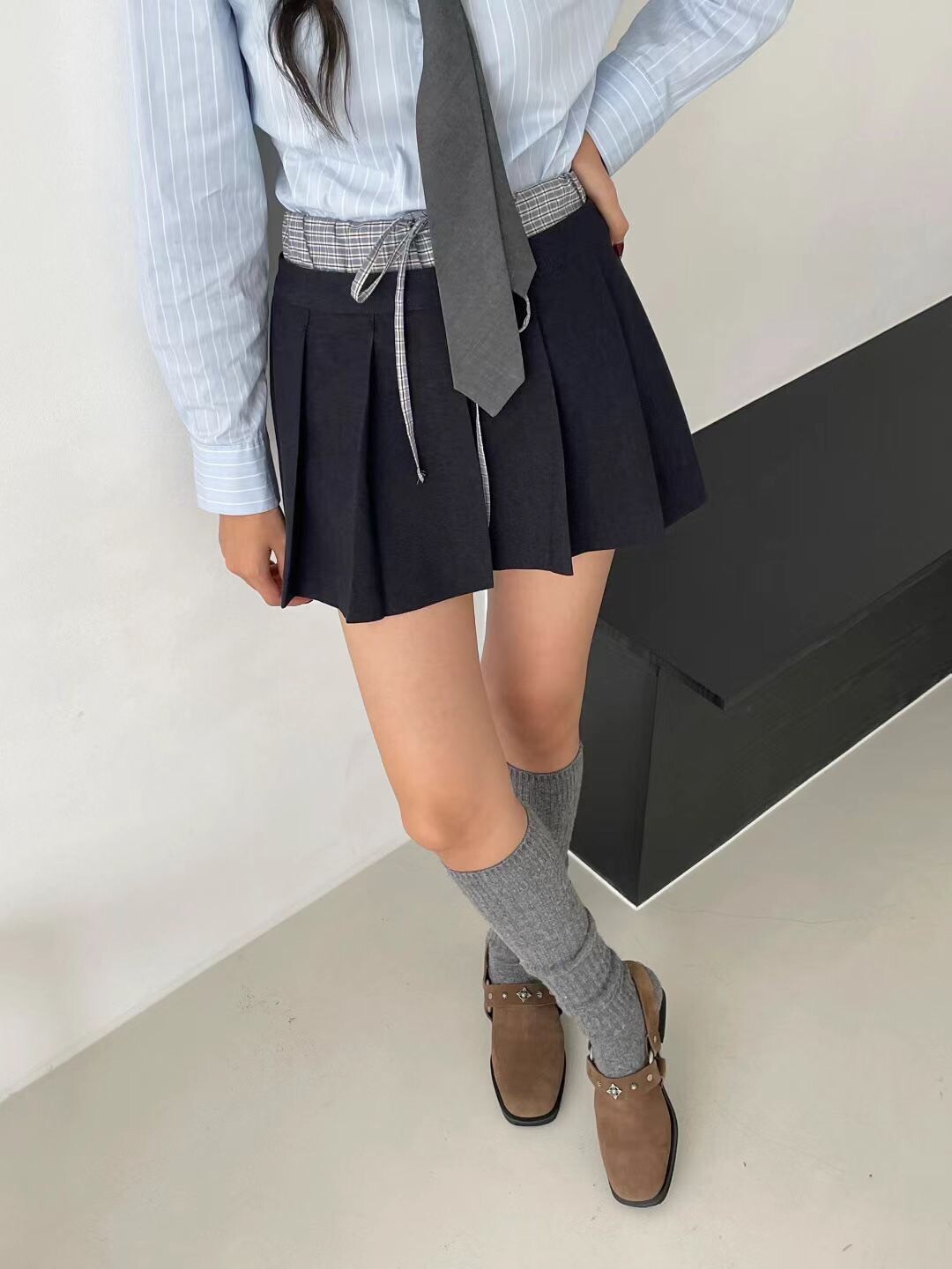 格子邊拚色綁帶短褲裙