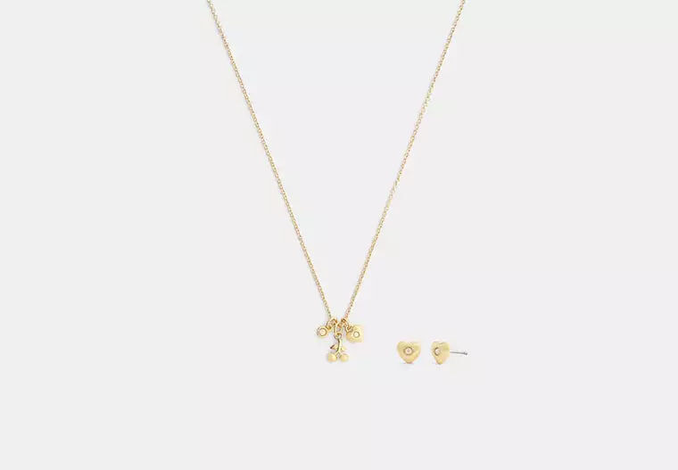 [U] COACH GOLD CCU45 CHERRY AND HEART EARRINGS AND NECKLACE SET, 889295701737 (UCO170)