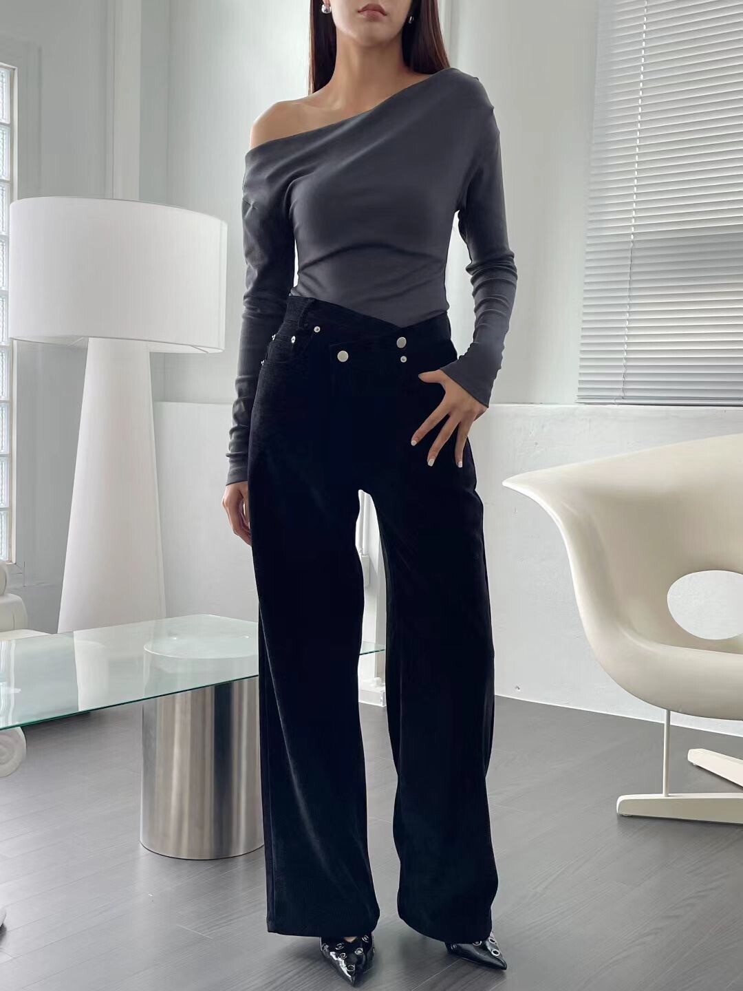 交錯褲頭燈芯絨長褲