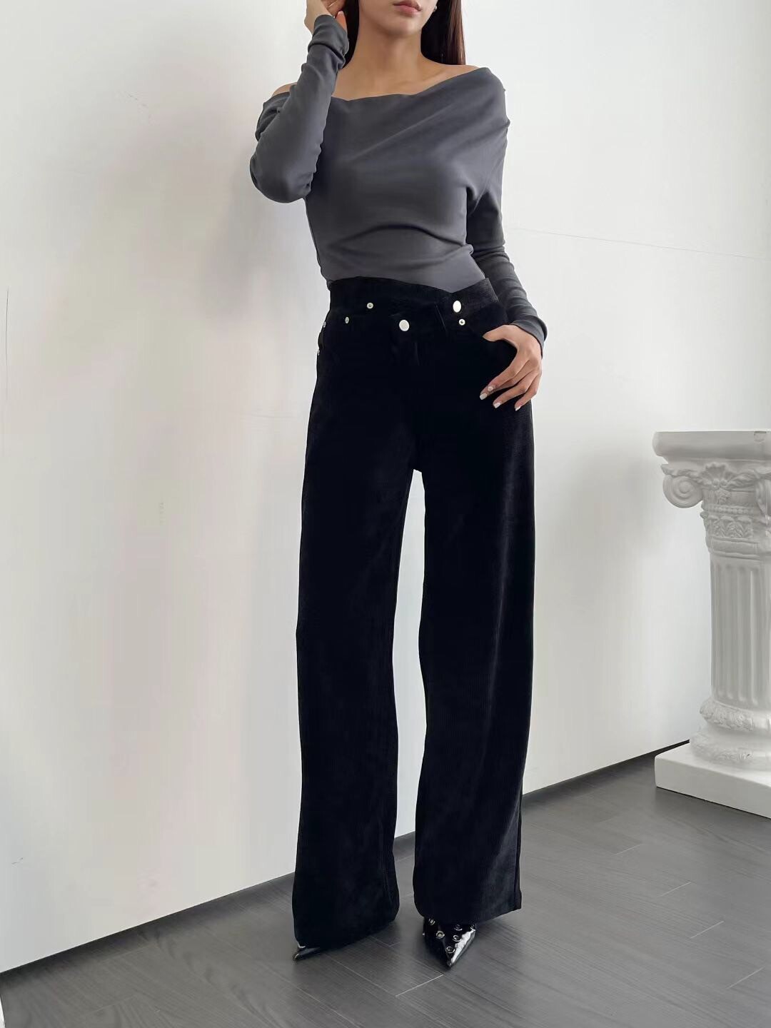 交錯褲頭燈芯絨長褲