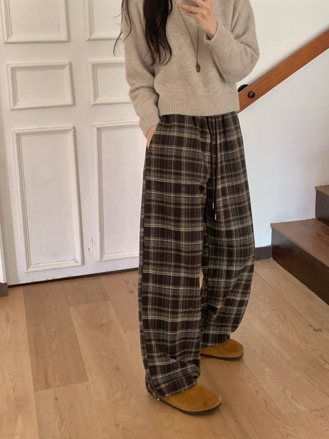 優雅格子可束腳長褲