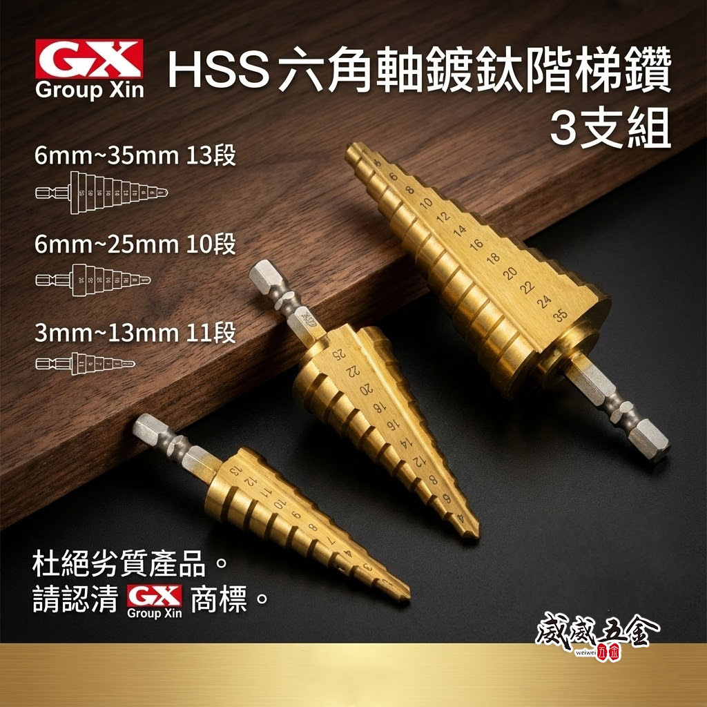 GX 台灣製｜六角軸直式鍍鈦階梯鑽頭｜零售-平型3支組｜圓穴鑽 HSS 六角柄白鐵用階梯鑽尾 六角軸階梯鑽