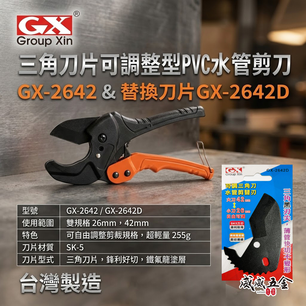 台灣製 GX｜26+42mm 輕量型三角刀 PVC水管剪刀 三角刀刃水管剪 三角刀片 切管刀｜GX-2642｜GX-2642D