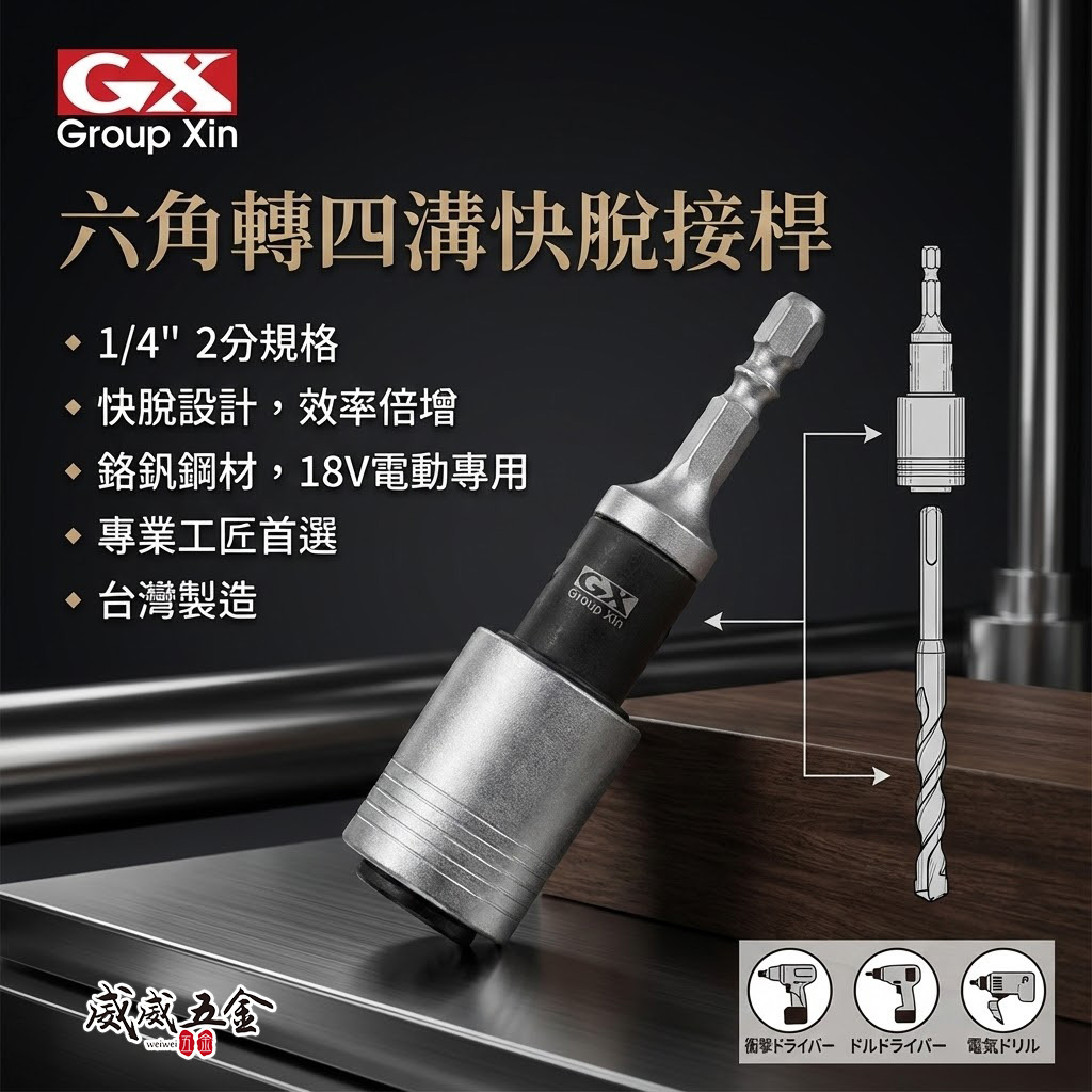 GX - 巨匠 - 亞博 品牌隨機 台灣製｜專利六角轉四溝快脫接桿｜耐用型6.35mm六角柄轉四溝柄轉接頭 1/4" 轉四溝轉接桿