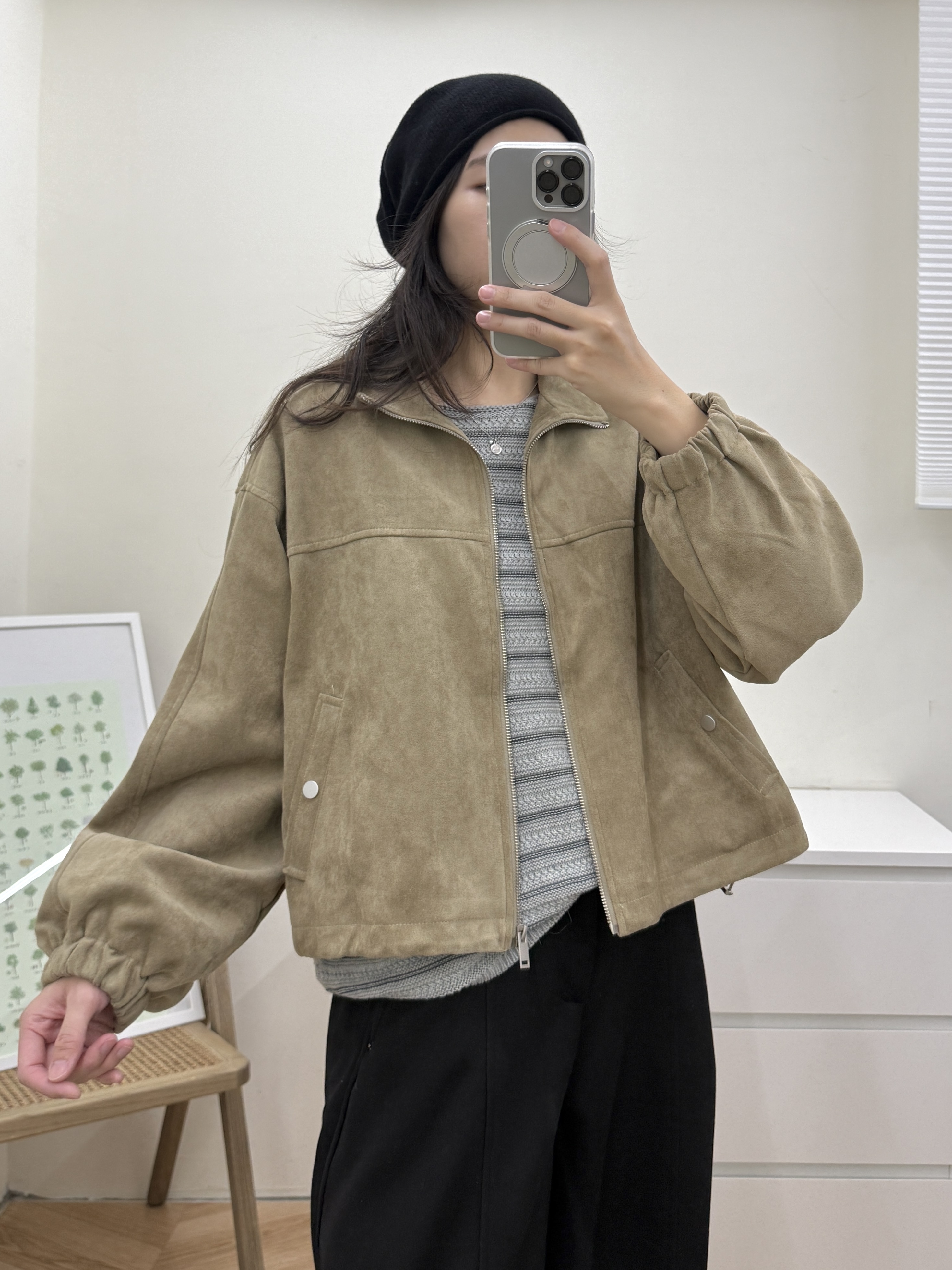 麂皮立領澎袖外套