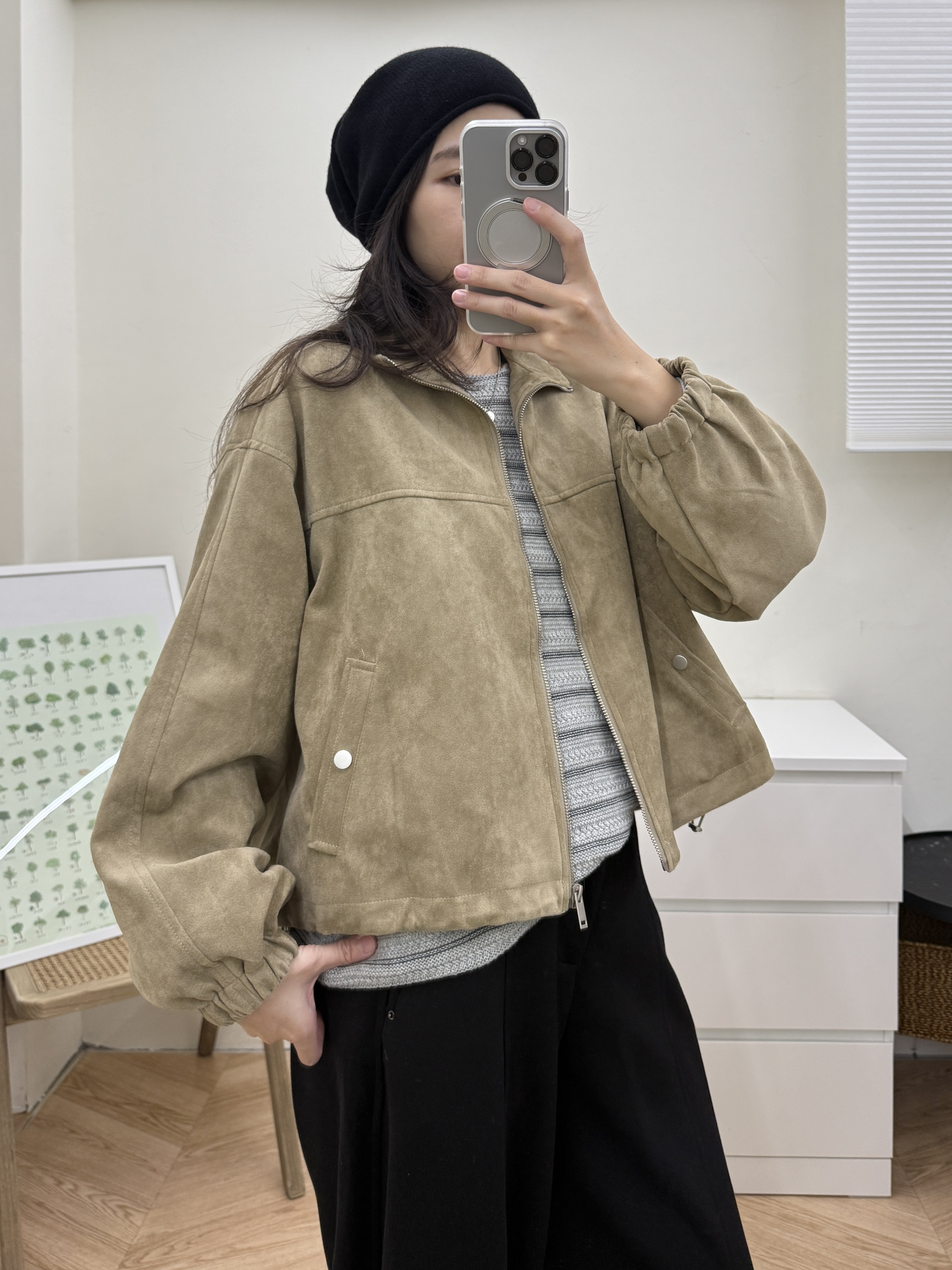 麂皮立領澎袖外套