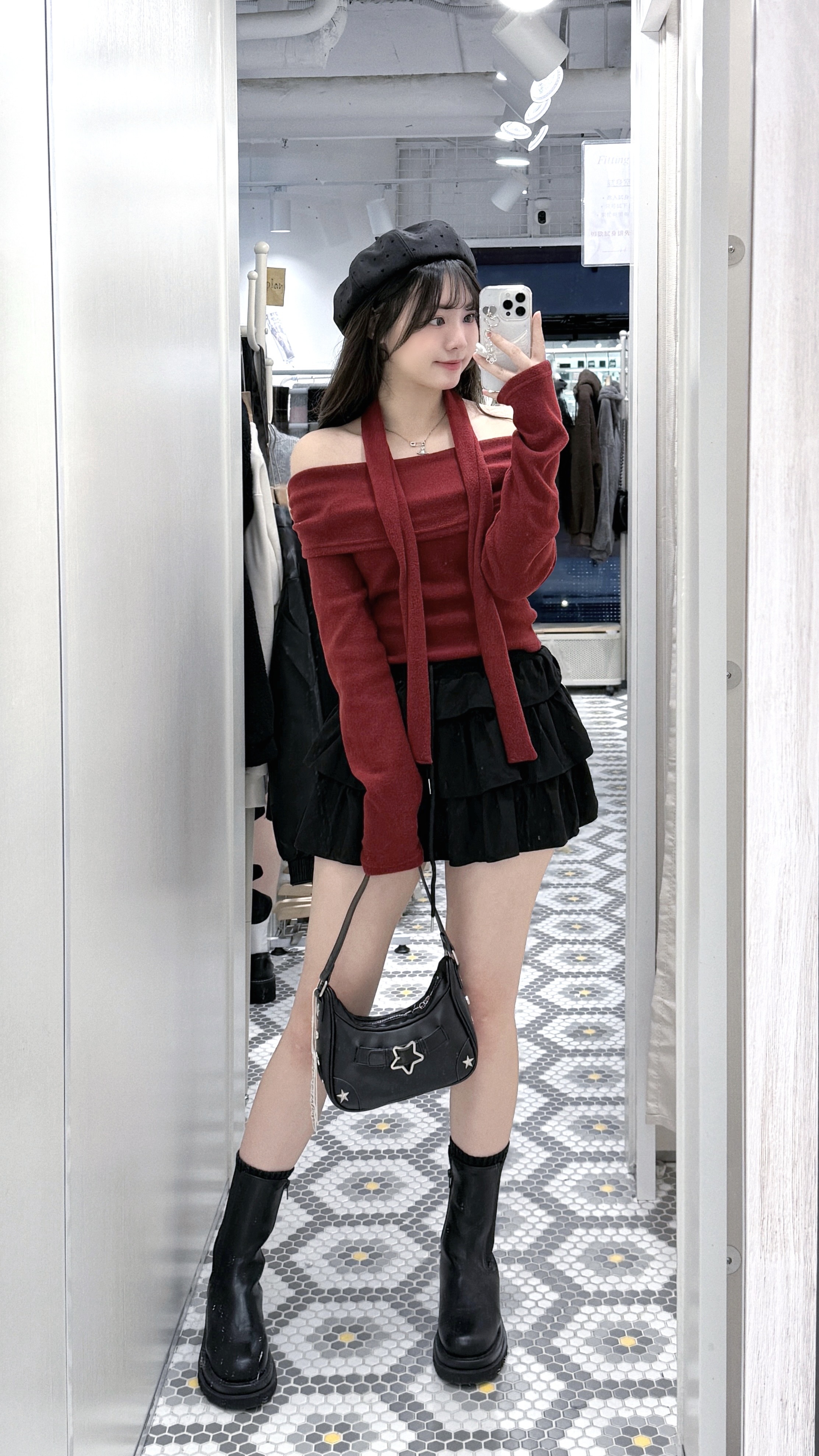 （停產）T1195｜秋冬感絨面一字膊連頸帶長袖上衣