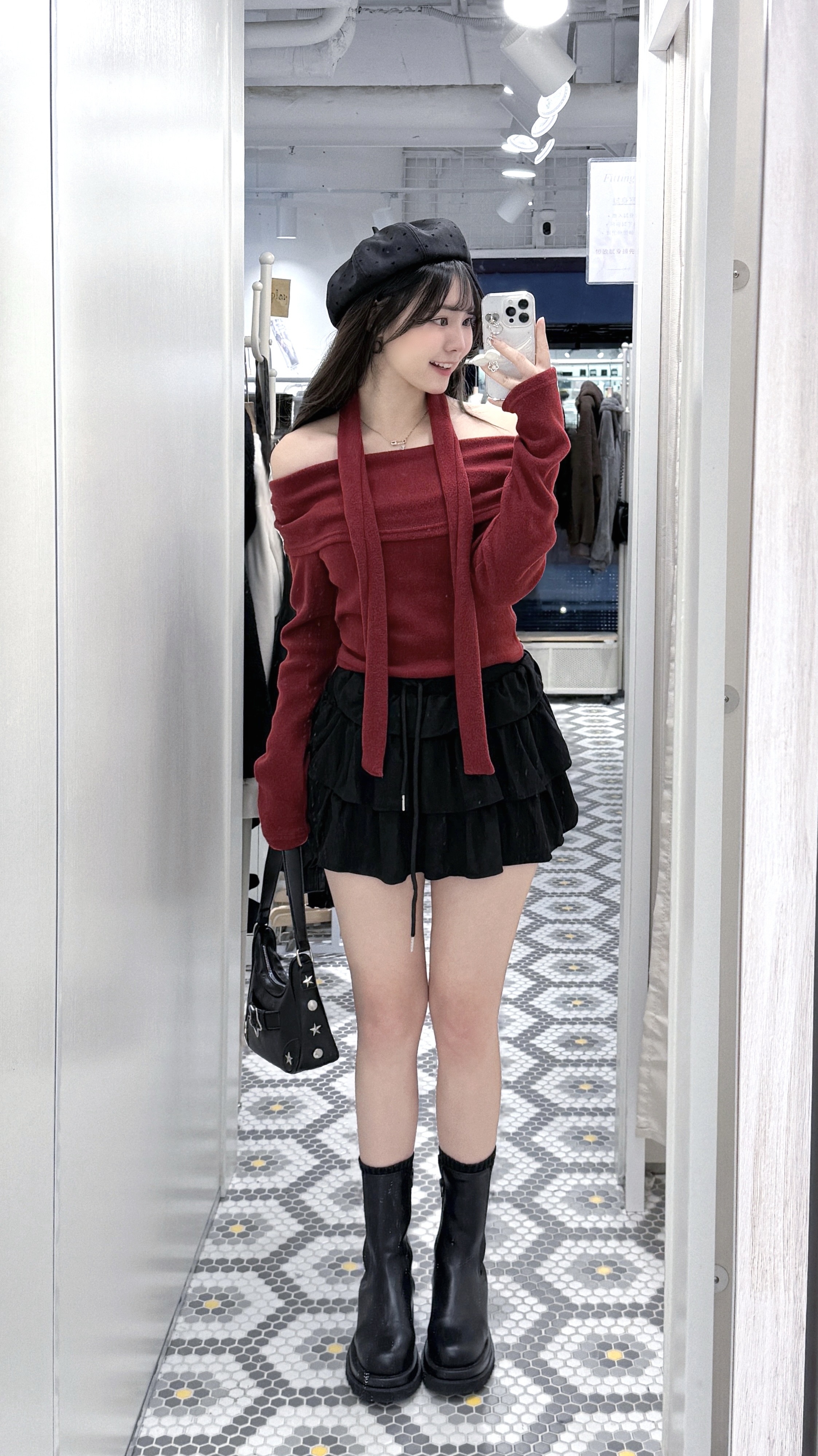 （停產）T1195｜秋冬感絨面一字膊連頸帶長袖上衣