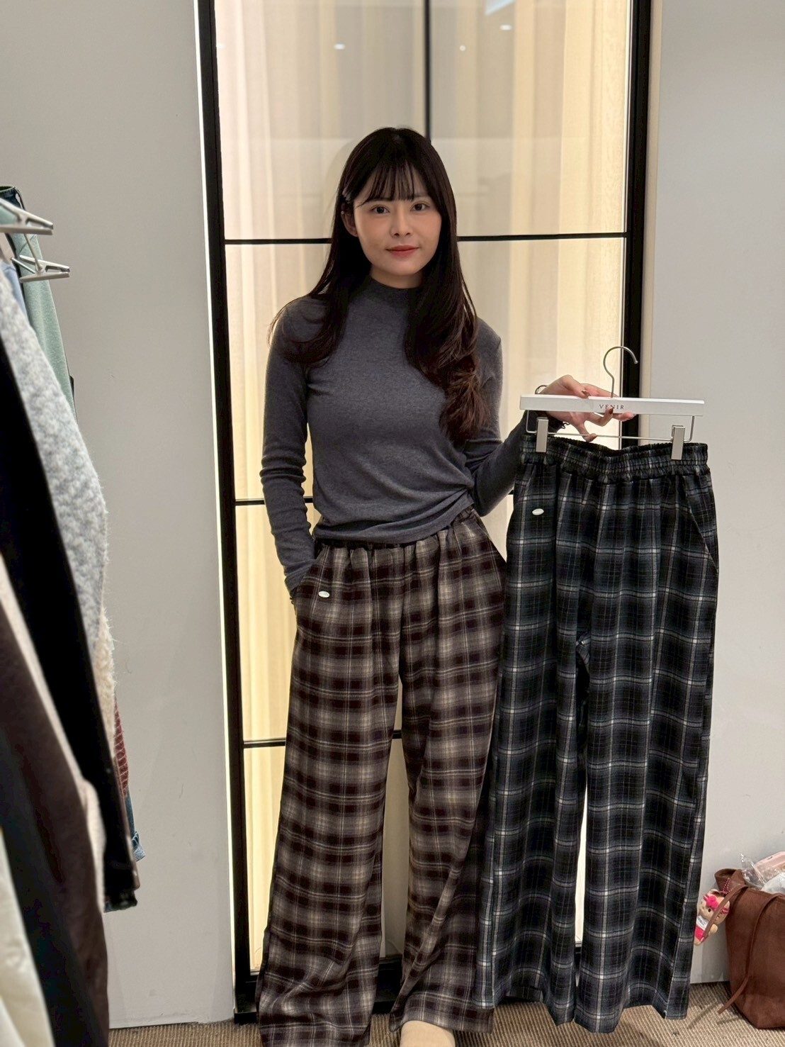 VR5258 鬆緊腰格紋長褲