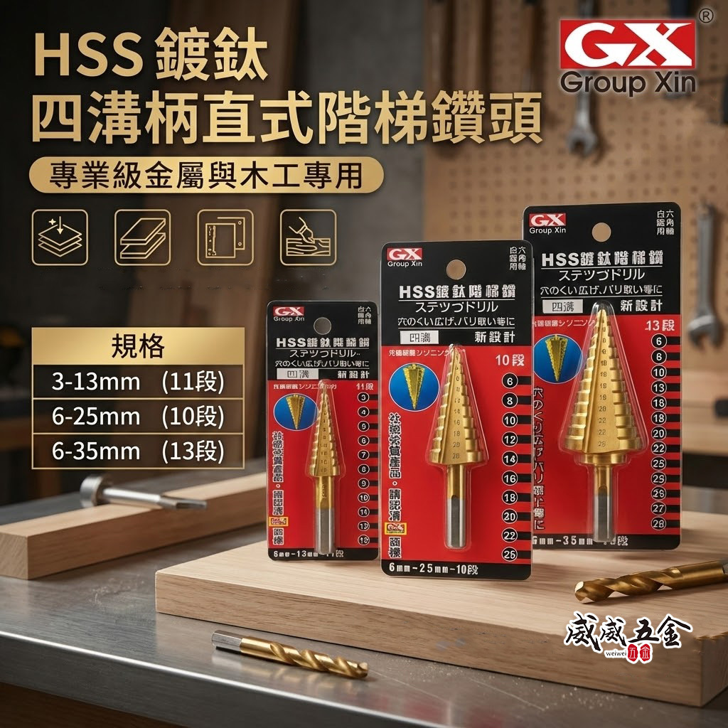 GX｜四溝柄直式階梯鑽頭｜HSS 鍍鈦 四溝直式｜鑽孔圓穴鑽 四溝柄直式 白鐵用階梯鑽 四溝階梯鑽尾｜台灣製
