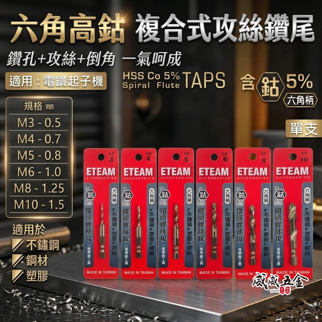 ETEAM 一等｜M35高鈷｜M3-M10｜六角柄高鈷絲攻鑽尾 攻牙鑽頭 TAP 六角軸複合絲攻 絲攻鑽頭