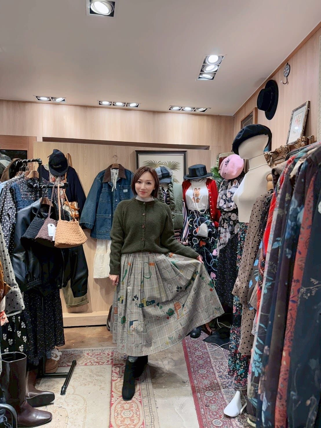 KM5218 格紋塗鴉印花傘裙