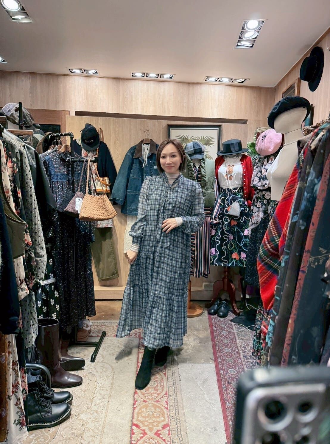 KM5265 格紋綁帶長袖連身裙