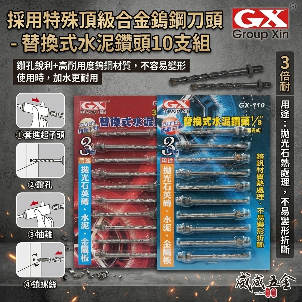 GX｜1/8" 3.4mm 鎖牙萬用水泥鑽頭｜拋光石英磚水泥薄金屬用鑽尾10支｜GX-110｜GX-1134｜補充包｜罐裝版
