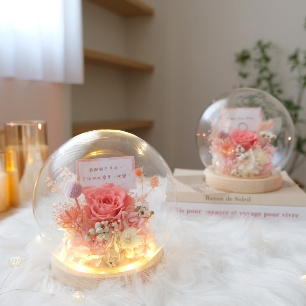 15公分圓球玻璃罩 / 單朵粉色大玫瑰（可放照片）