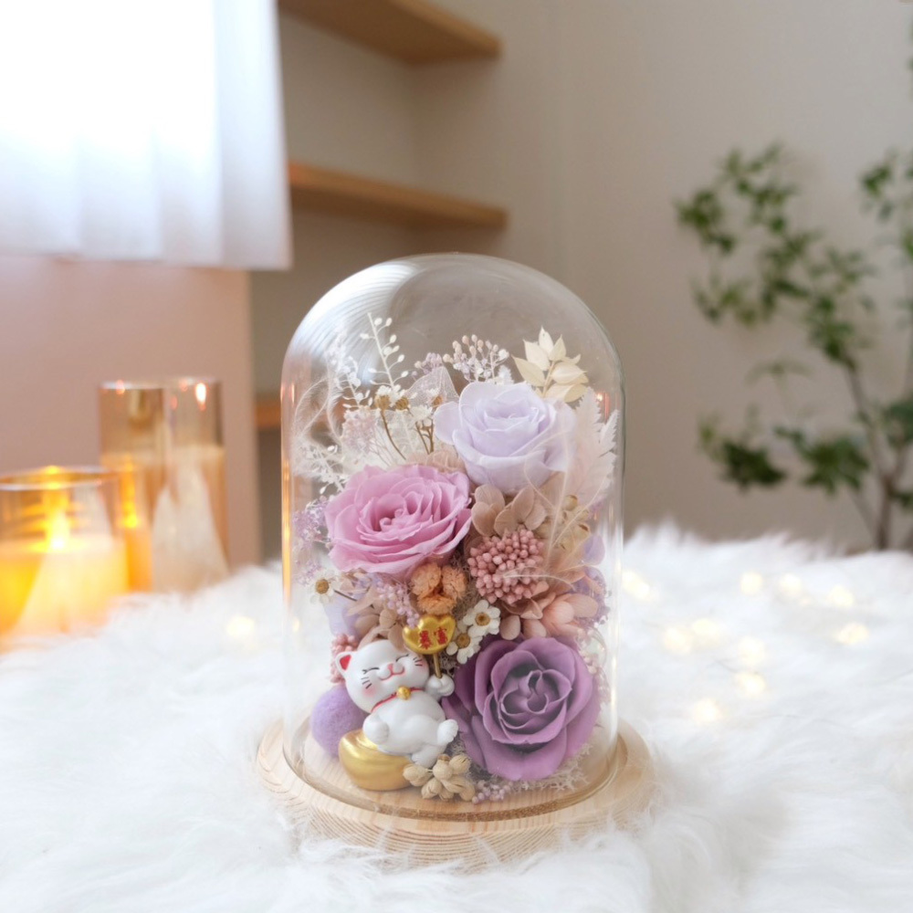 招財貓系列 / 長型玻璃罩永生花 紫色系