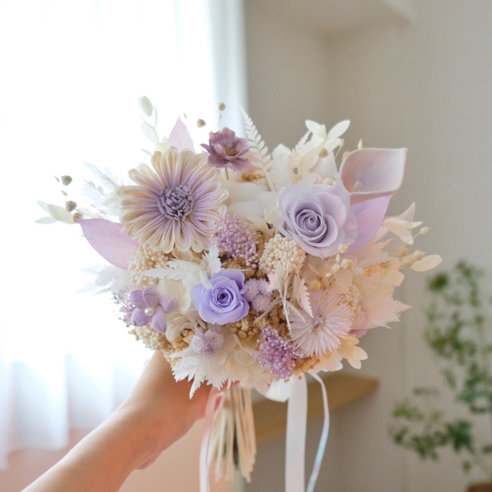 白紫色永生花 新娘捧花