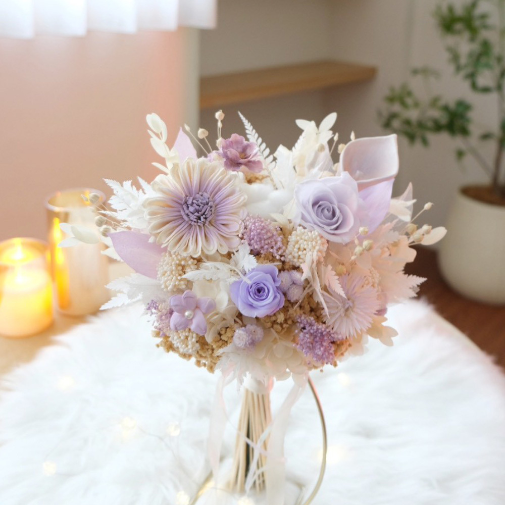 白紫色永生花 新娘捧花