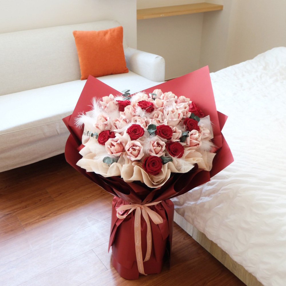 喜慶紅 鈔票花＋頂級厄瓜多永生玫瑰花 花束