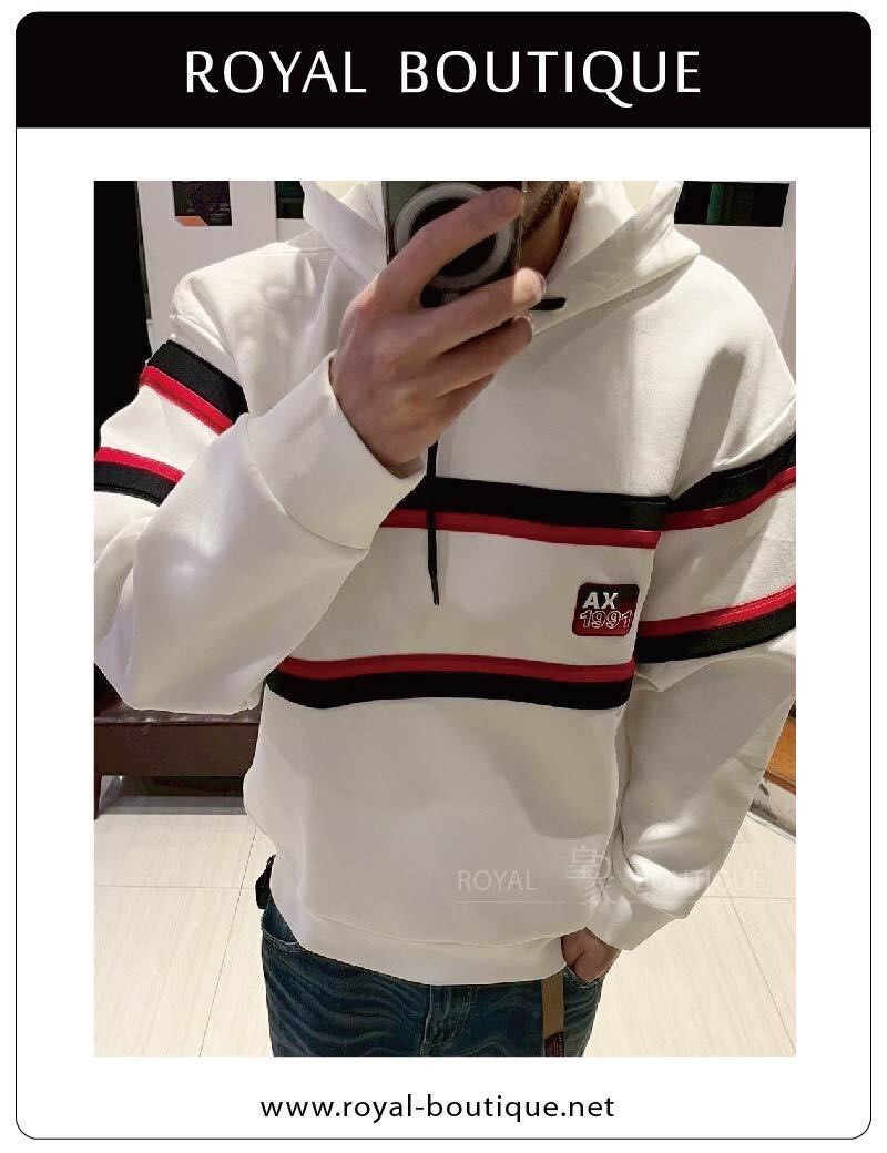 Armani Exchange 條紋刺繡太空棉連帽T