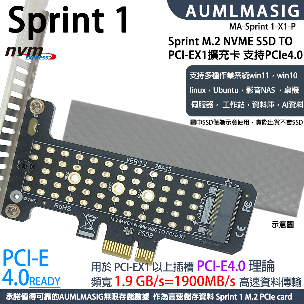 AUMLMASIG｜Sprint 1 M.2 NVMe SSD 轉 PCIe x1 擴充卡 + 8W導熱膠 支援 PCIe 4.0（理論 1.9GB/s）｜2230–2280｜軟體 RAID 0/1/5/10｜LED 指示｜Win/Linux/macOS