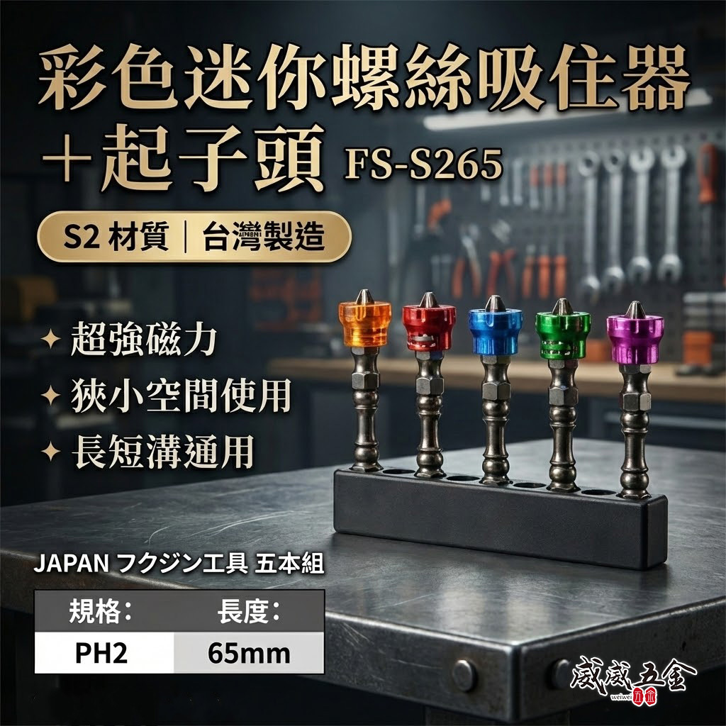 日本 福神｜PH2 長65mm｜迷你螺絲吸住器+起子頭｜黑鎳高扭力起子頭 洩力十字頭｜5支組｜FS-S265