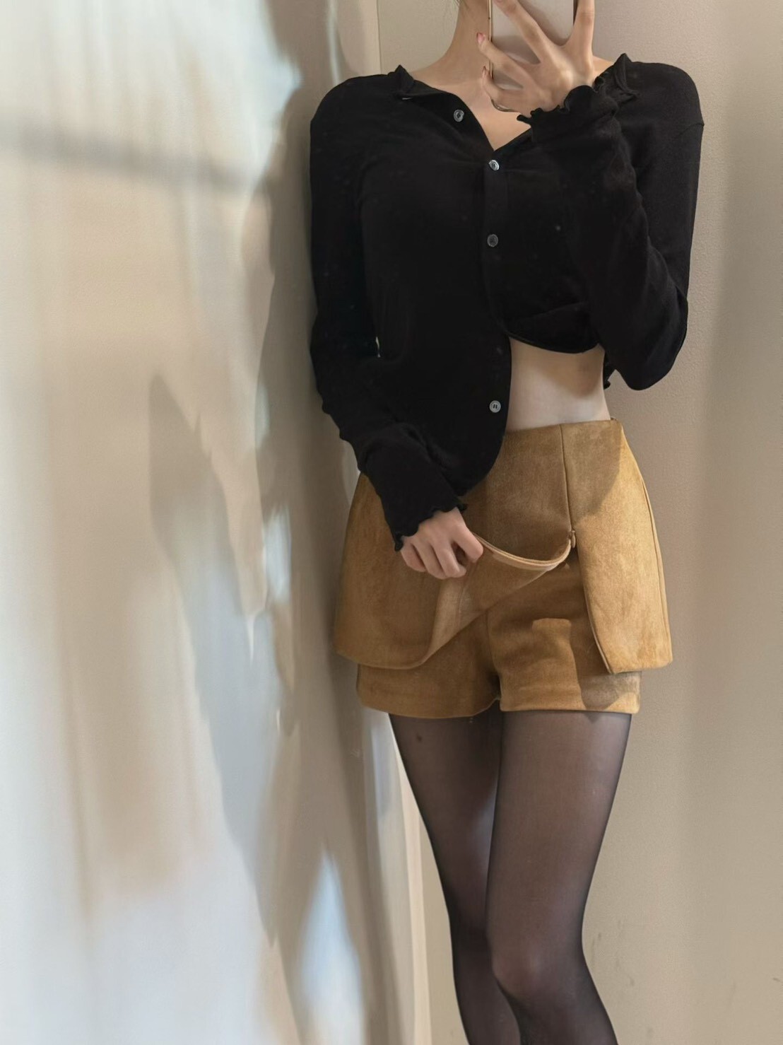 絨面後拉鍊褲裙