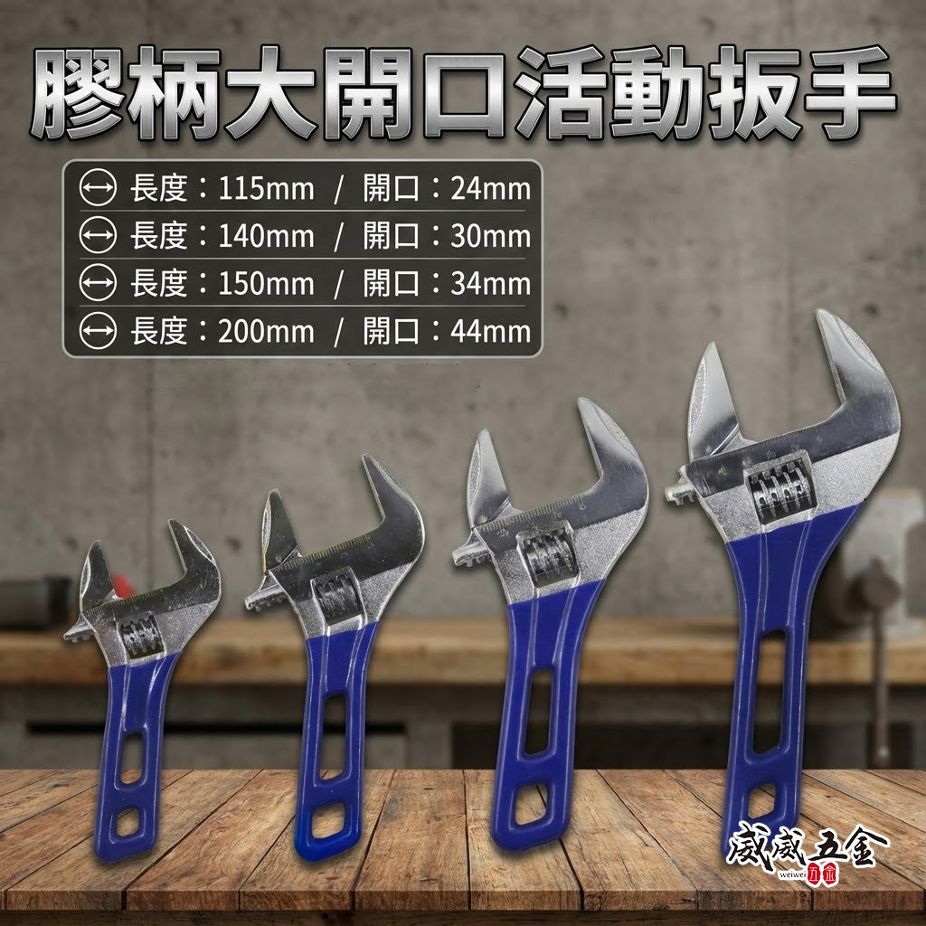 HOME USE｜短型大開口活動扳手 大開口24-30-34-44mm 短版膠套刻度活動板手 短膠柄活動板手