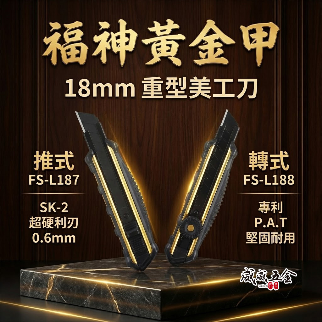 日本 福神｜黃金甲 重型強力美工刀 厚鋁合金包膠切割刀 18mm刀片｜推式FS-L187｜轉式FS-L188