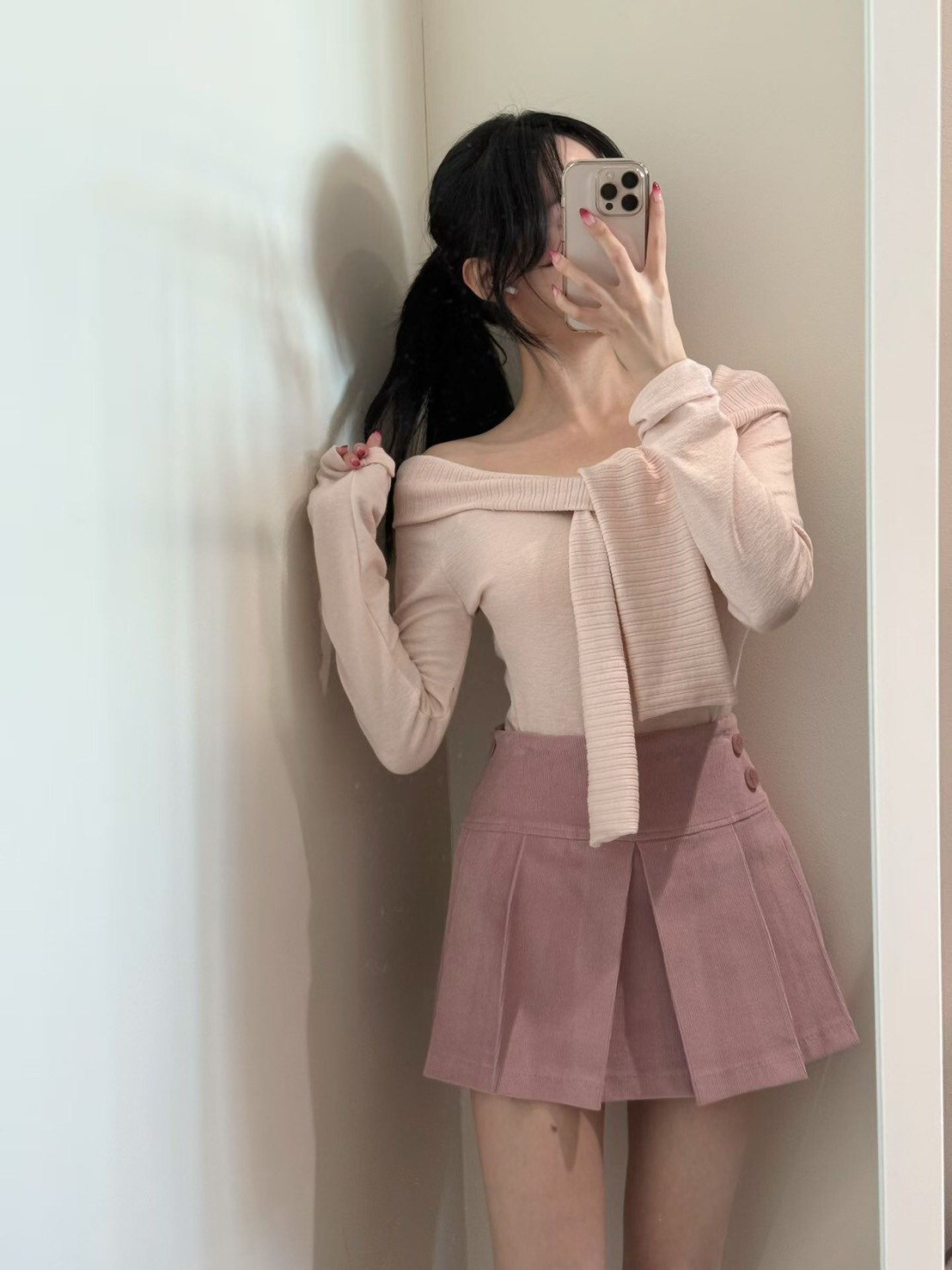 側釦絨布寬折褲裙