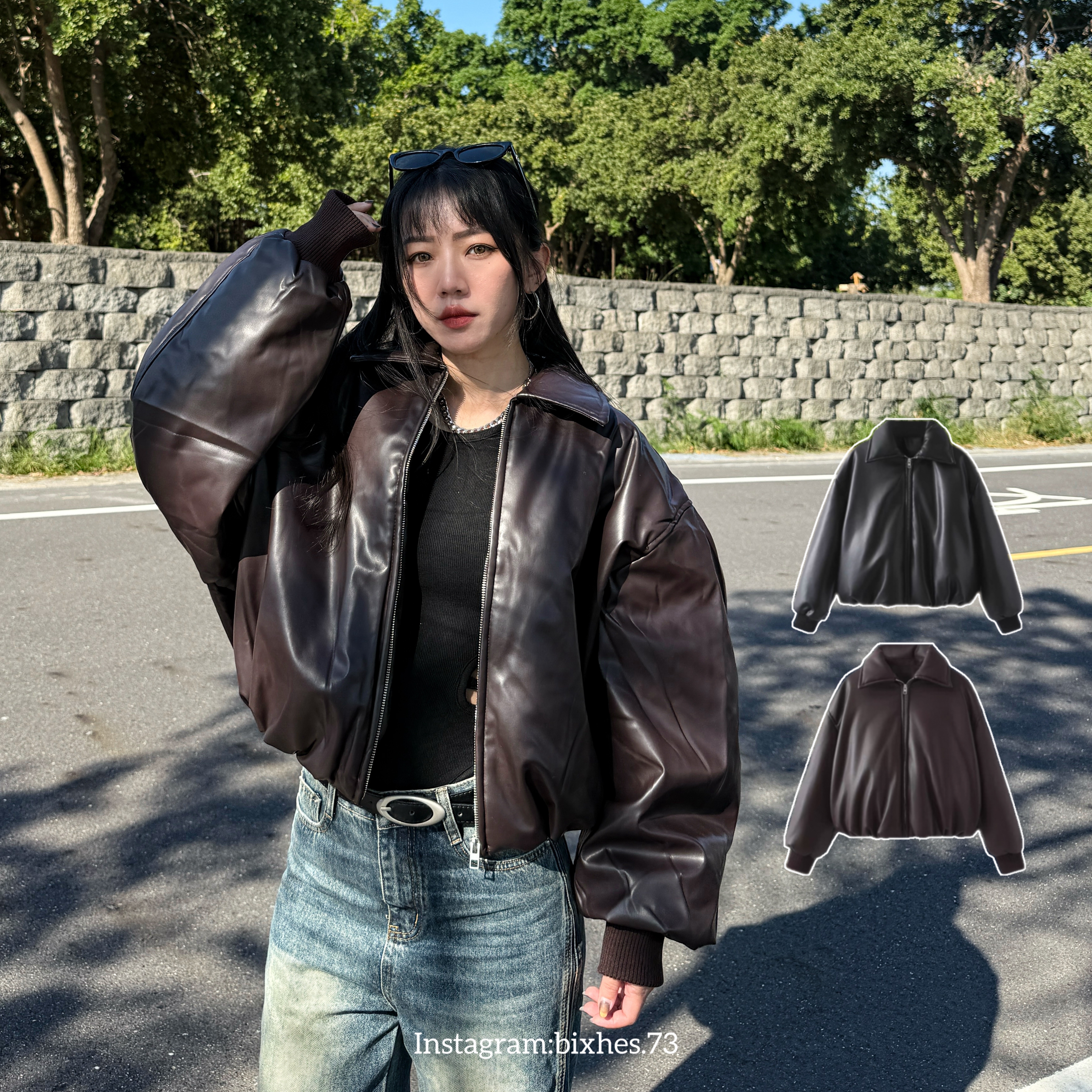 質感翻領厚實蛋白皮外套(F00030)