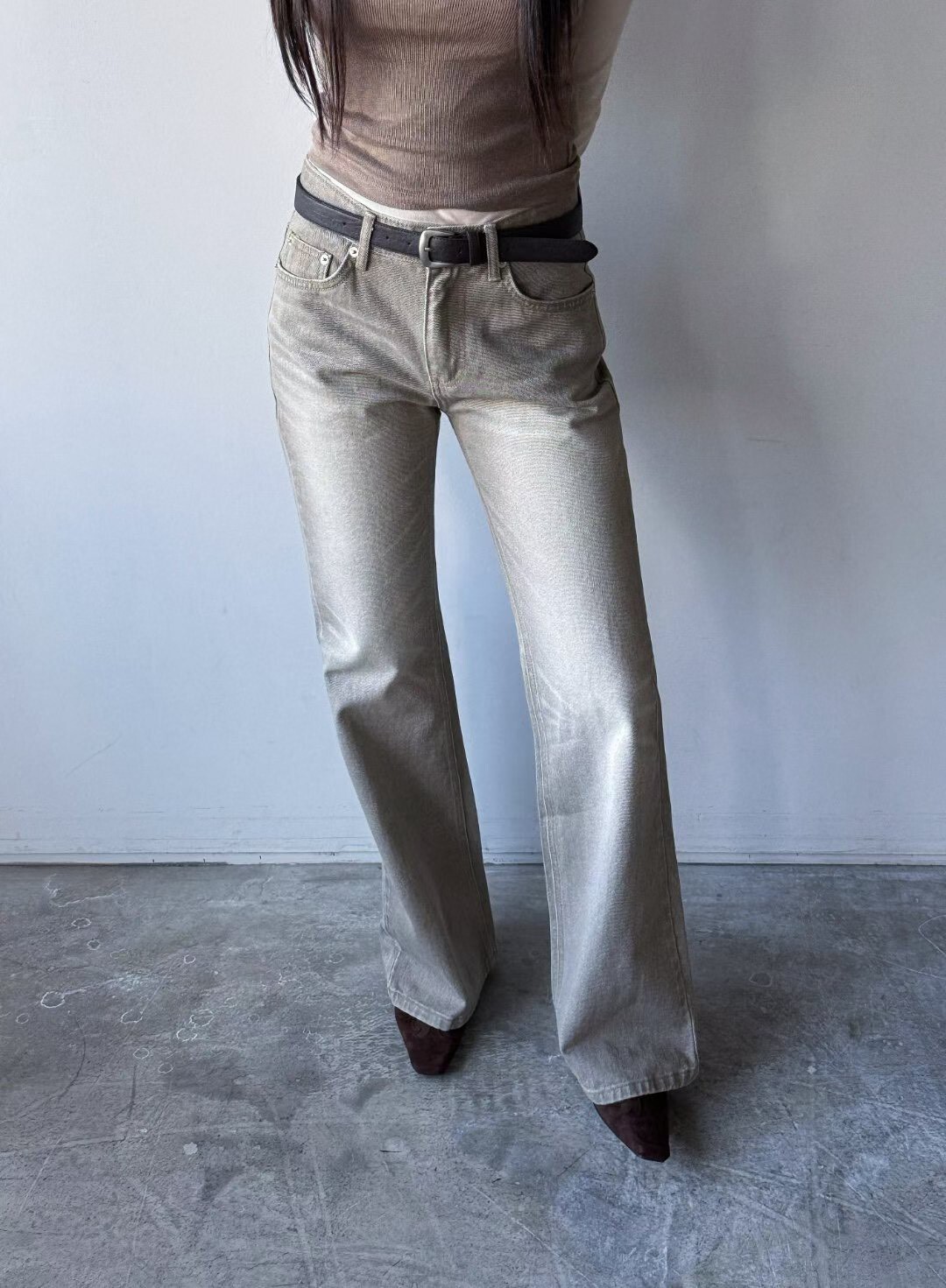 54015駝刷牛仔長褲