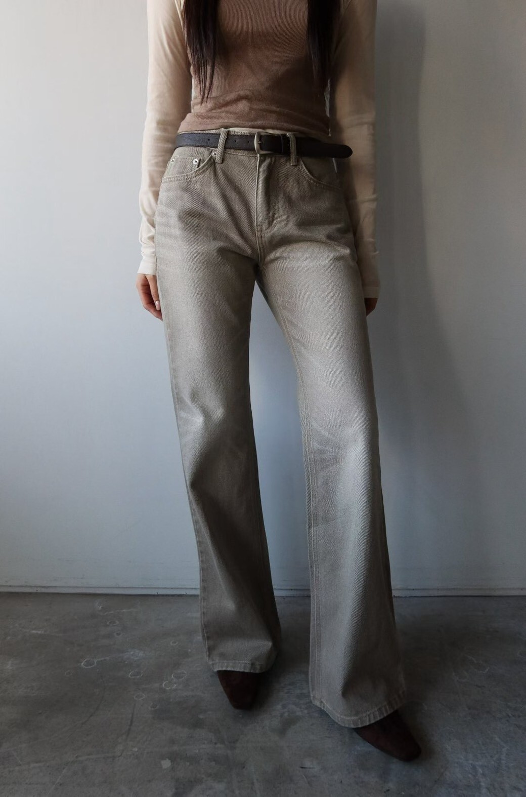 54015駝刷牛仔長褲