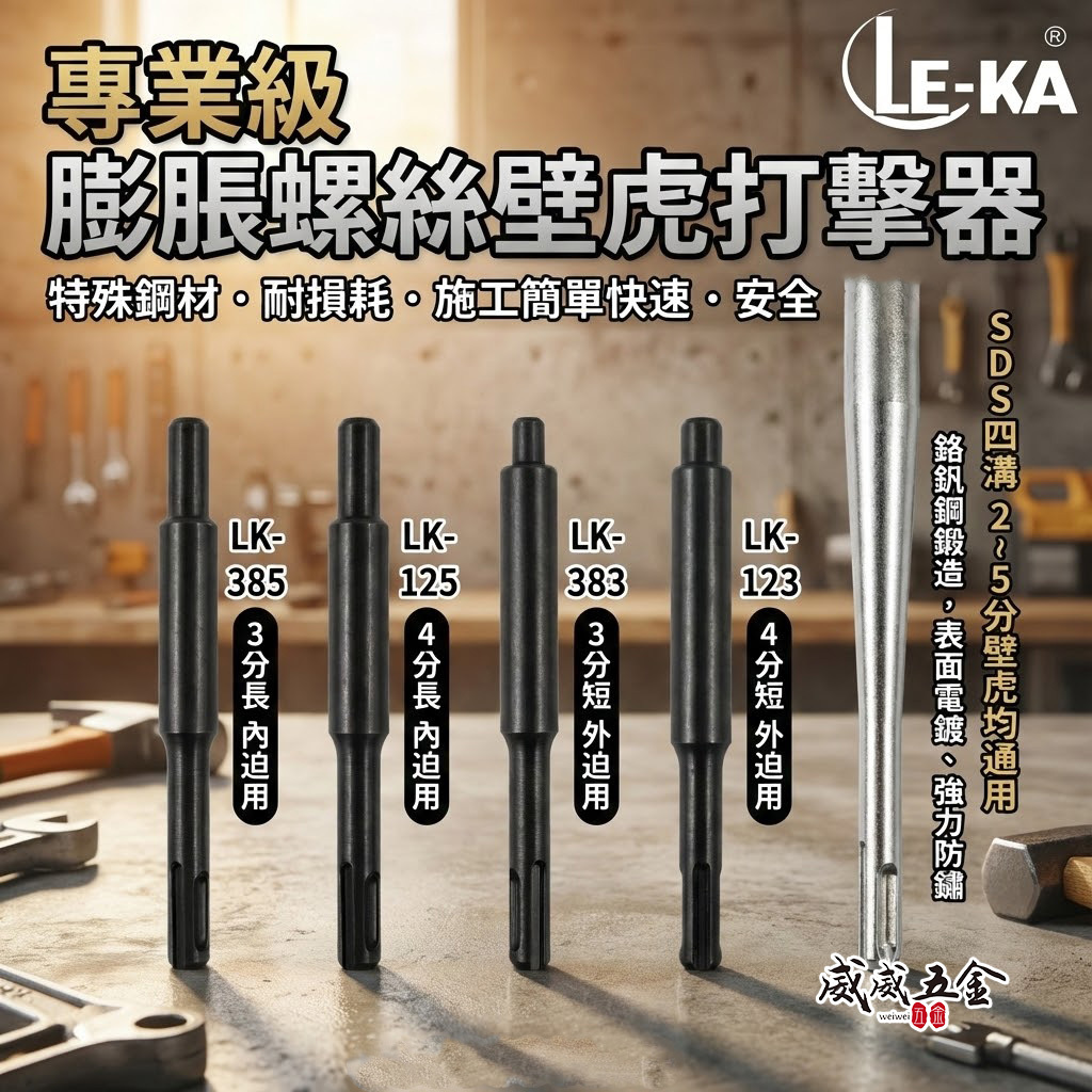 LE-KA｜四溝壁釘打擊器 四溝內牙壁虎打擊器｜四分 1/2" 三分 3/8"｜外迫 內迫｜四溝柄膨脹螺絲用【威威五金】