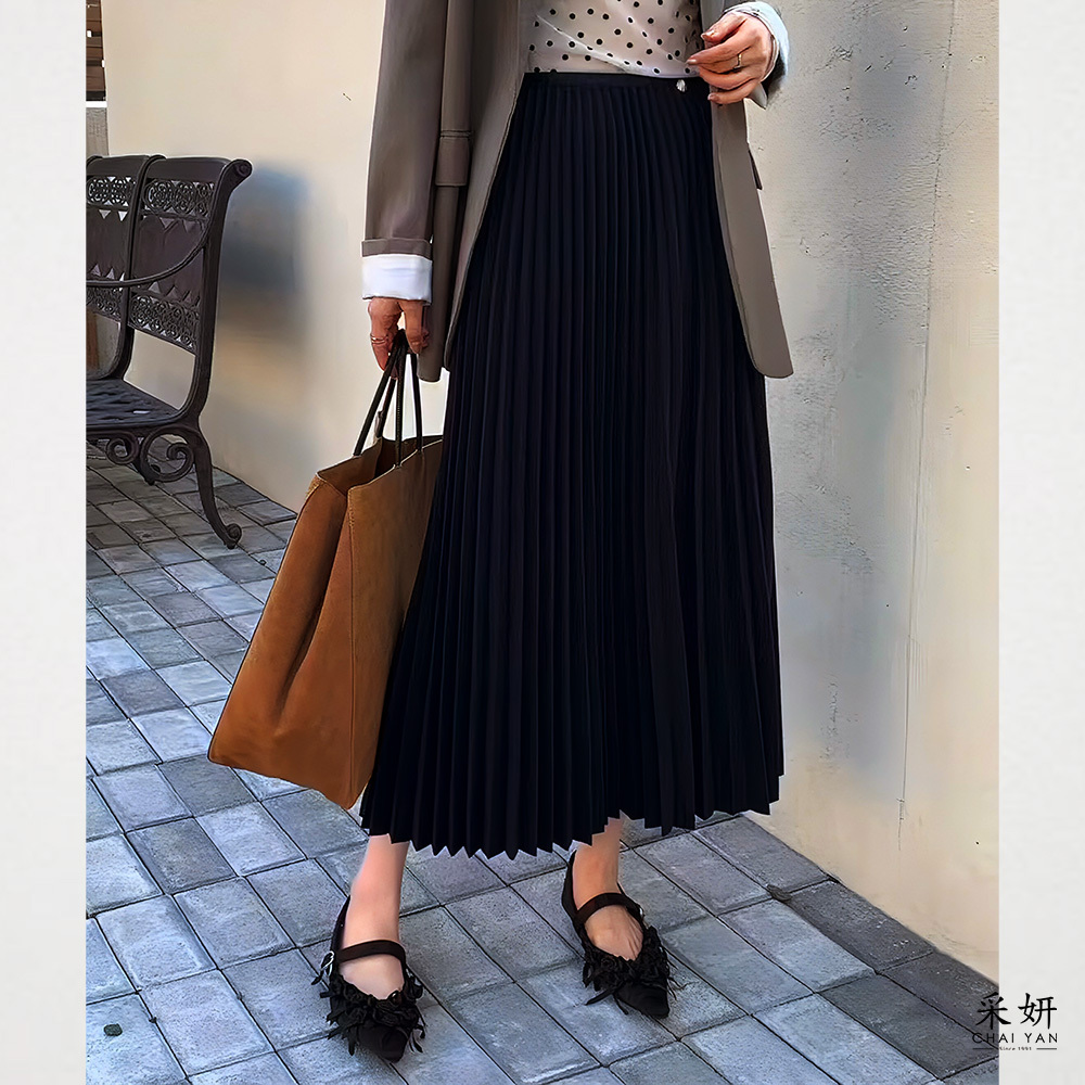 貝殼植絨鬆緊腰百褶長裙