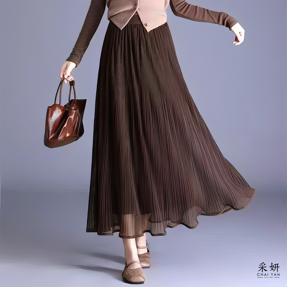 素色皺褶鬆緊腰百褶長裙