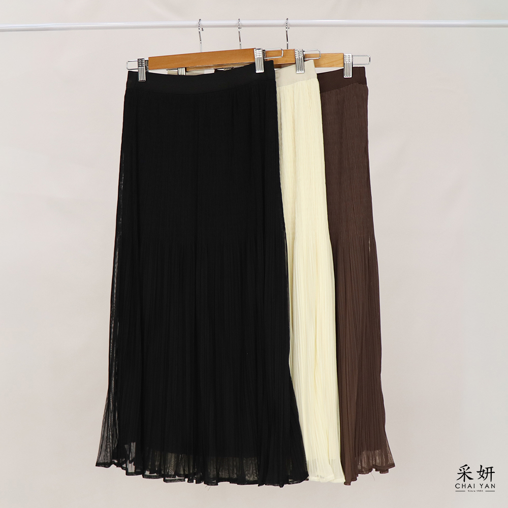 素色皺褶鬆緊腰百褶長裙