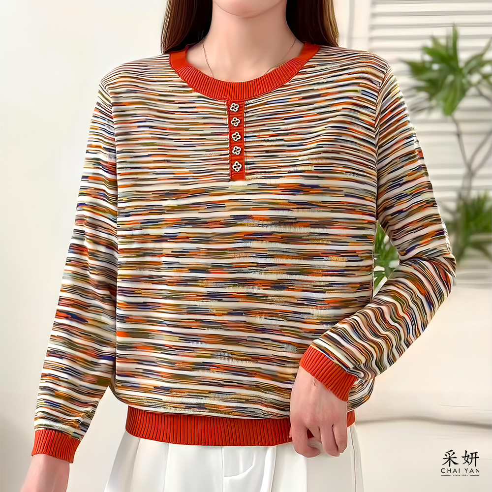跳色條紋水鑽半排扣針織圓領長袖上衣