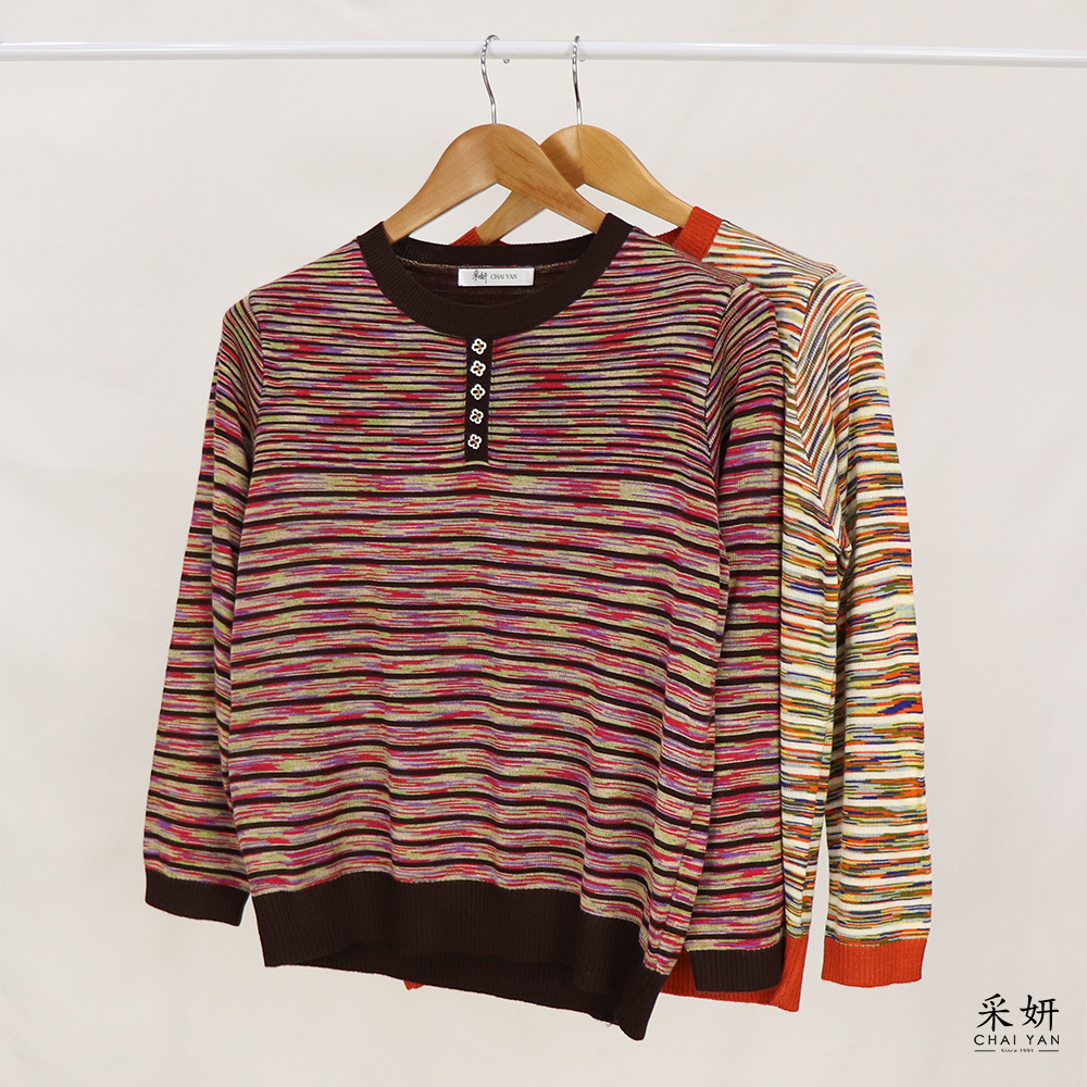 跳色條紋水鑽半排扣針織圓領長袖上衣