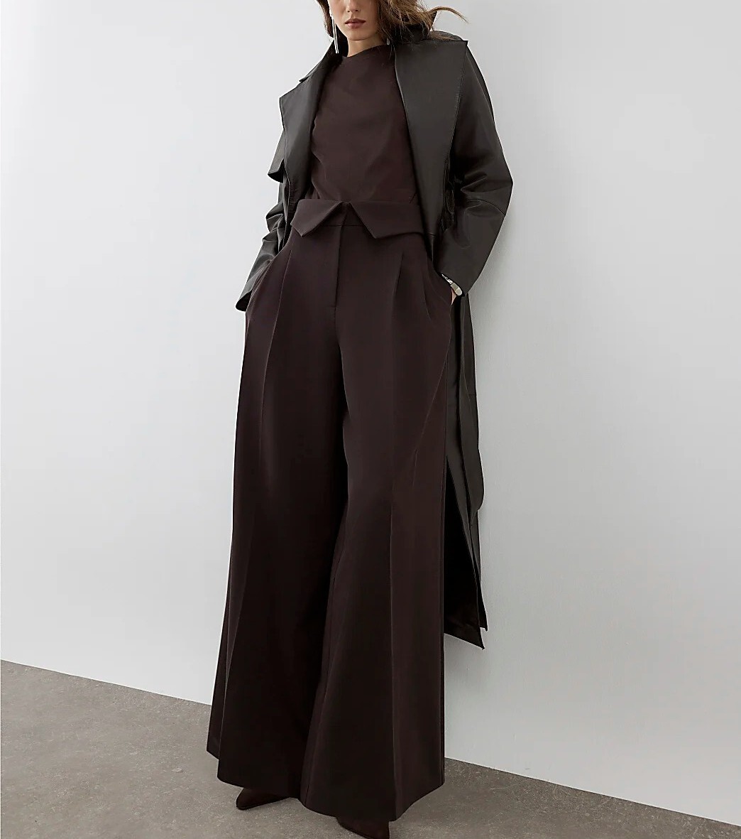 Premium Brown深咖啡色反摺腰西裝長寬褲