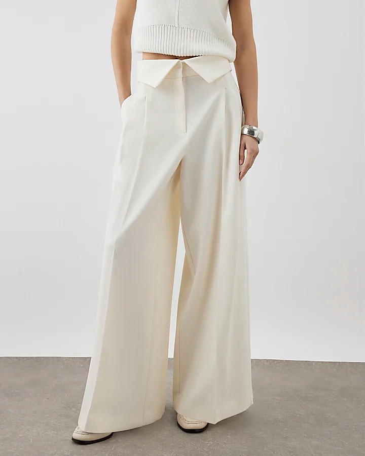 Premium Cream奶油白色反摺腰西裝長寬褲
