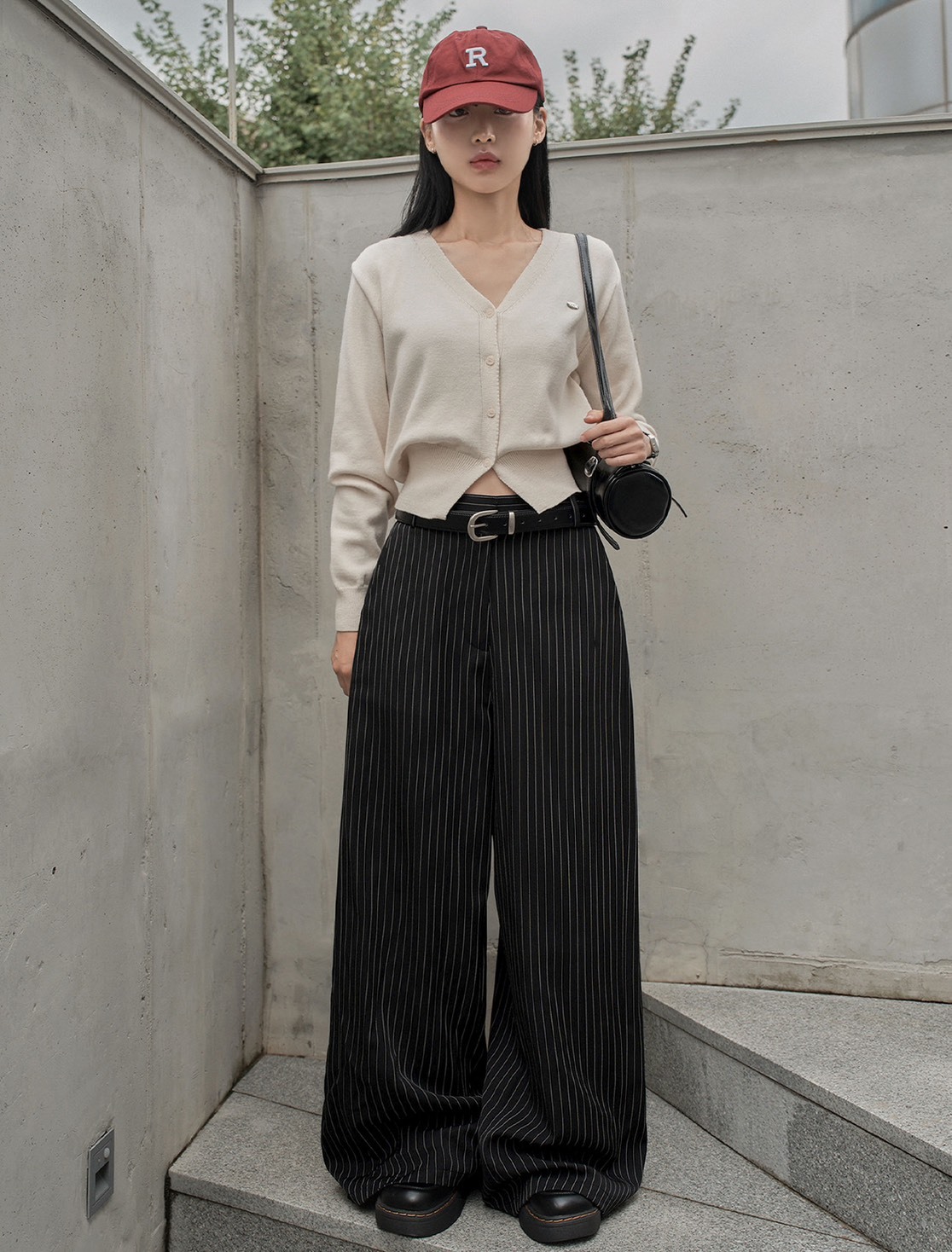 LOOXP 垂墜直筒褲 闊腿褲 西裝褲 條紋褲