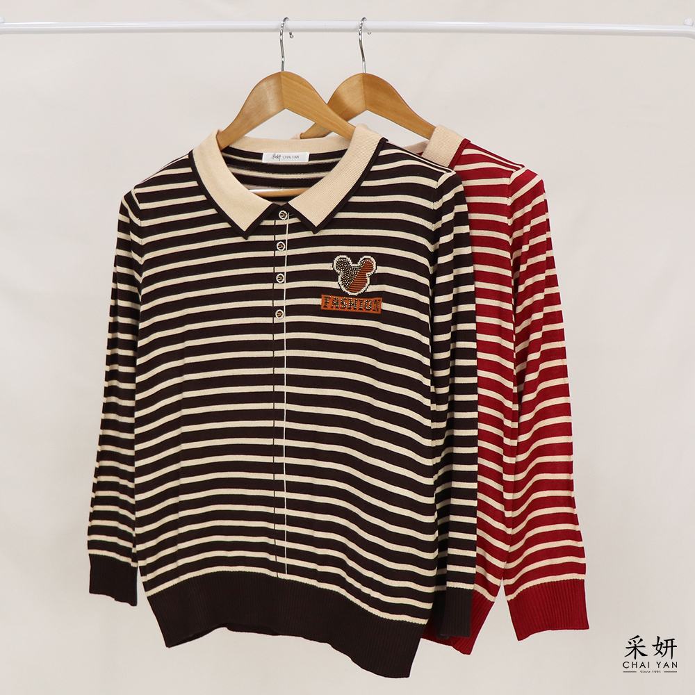 卡通字母燙鑽針織翻領長袖上衣