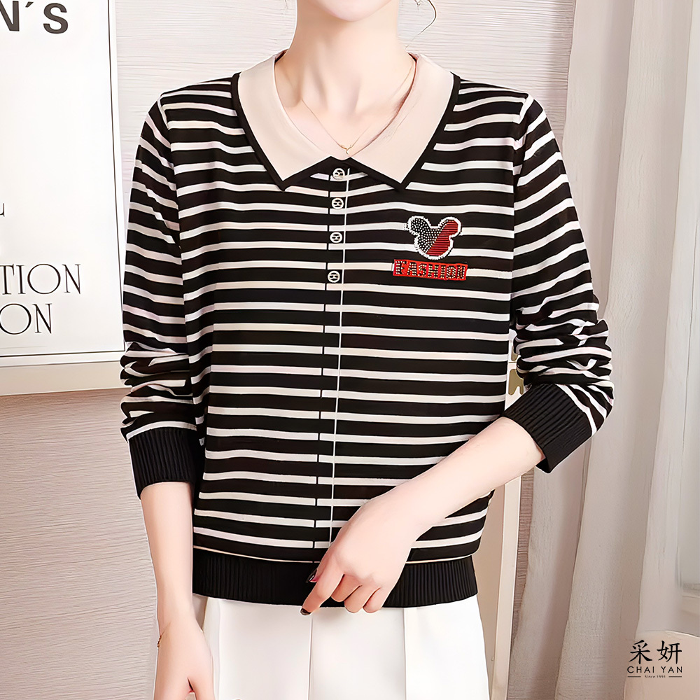 卡通字母燙鑽針織翻領長袖上衣