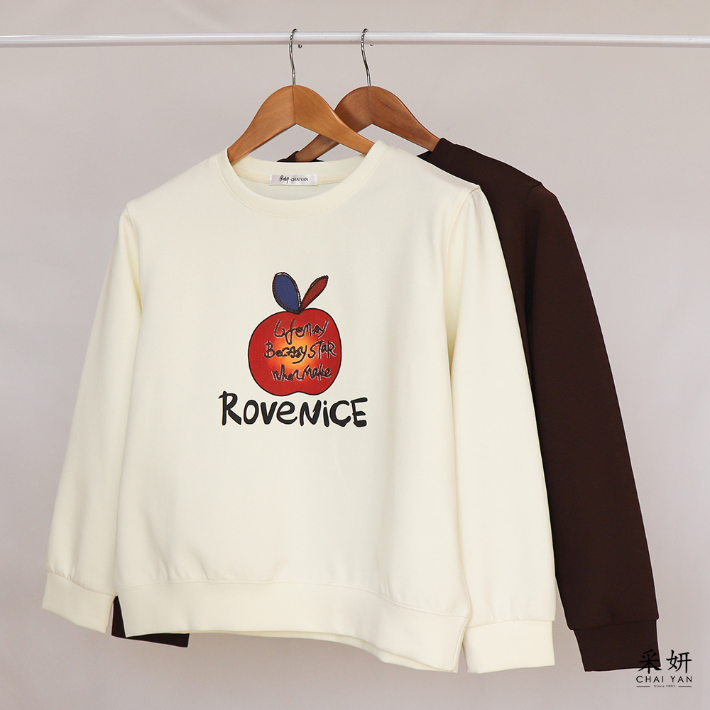 蘋果字母印花刺繡圓領長袖上衣