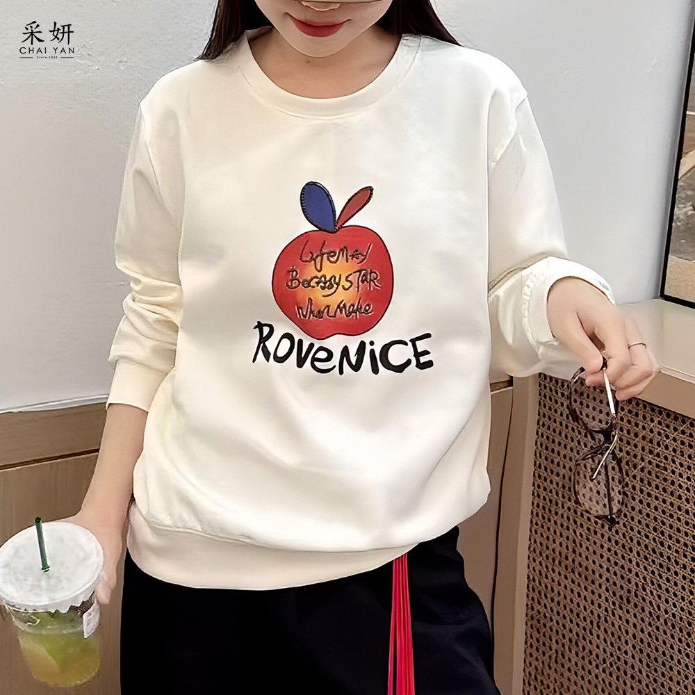 蘋果字母印花刺繡圓領長袖上衣