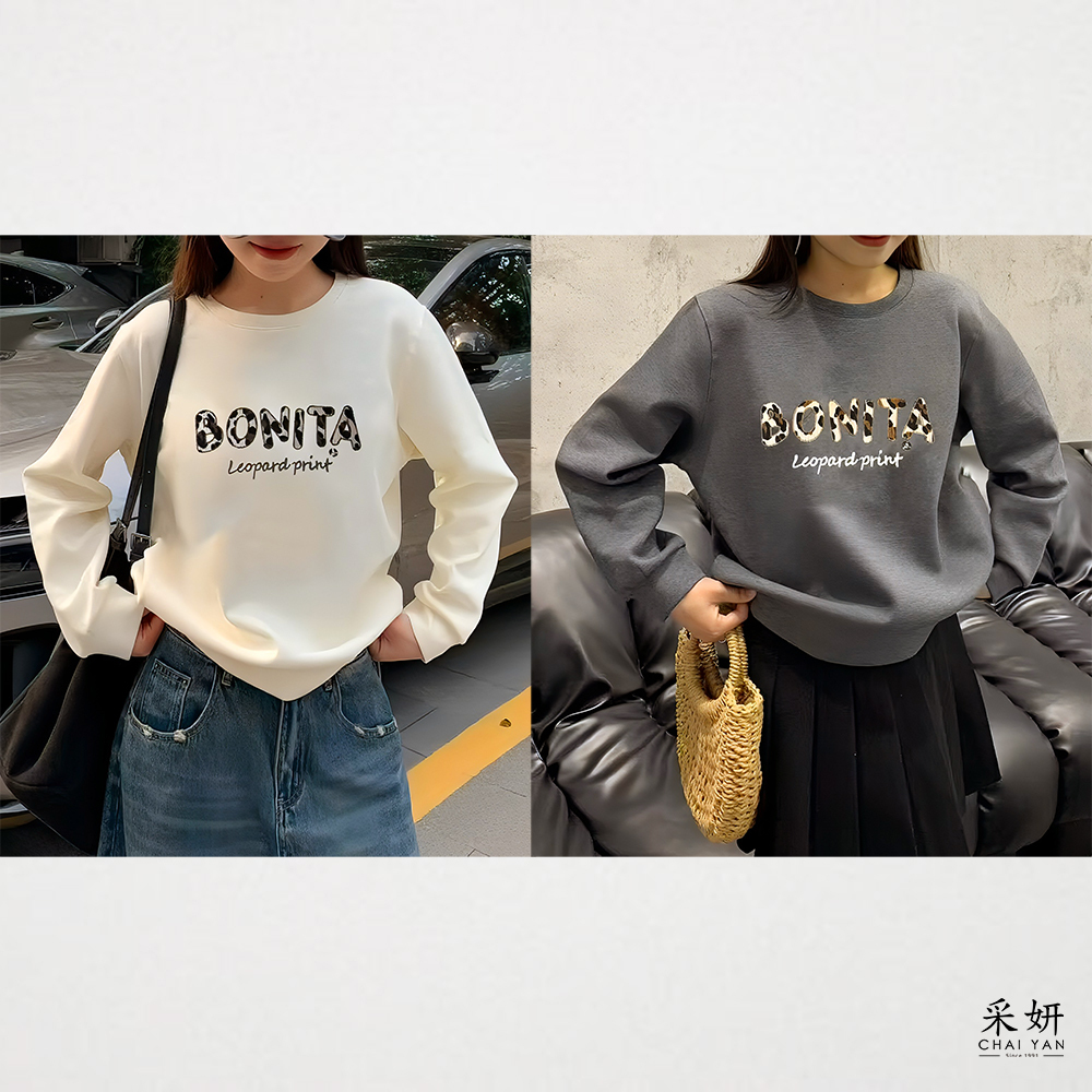 字母刺繡豹紋植絨布拼接圓領長袖上衣